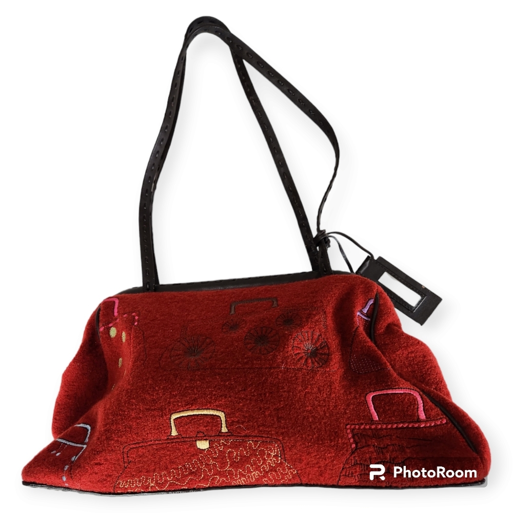 Vintage Antonio Melani Leather And Wool Embroidered Hinged Tote